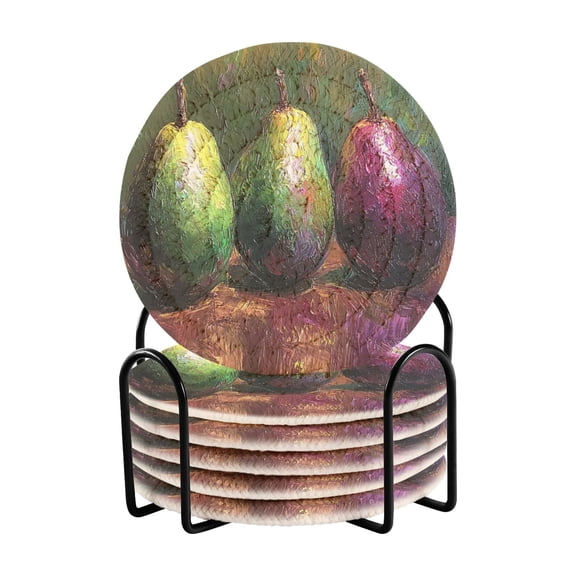 Mango Impressionist Oil Painting Drink Coasters with Holder Absorbent Coaster for Coffee Table Room Decor 6 Pack