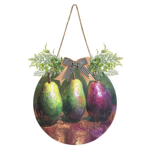 Mango Impressionist Oil Painting Front Door Porch Decoration Hanging Sign with Artificial Green Plants and Bow for Home Outdoor Indoor