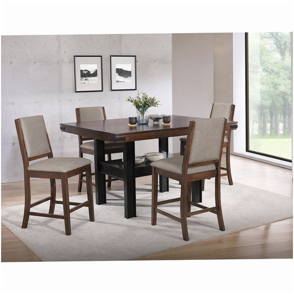 Mango Oak Counter Height Table and Chairs Set, 5-Pc Industrial Farmhouse Dining Set with Grey Upholstered Seats, Rectangular Kitchen Table