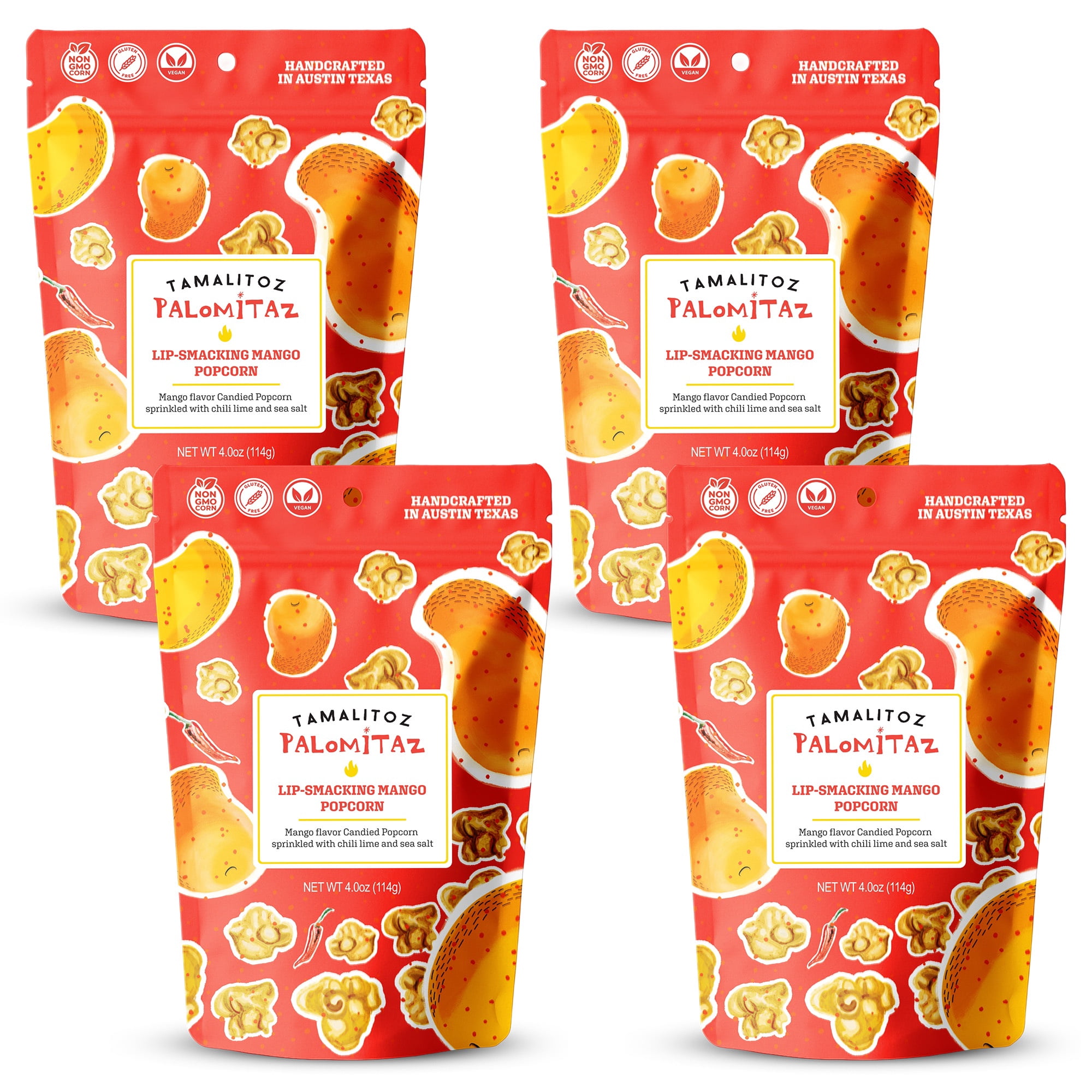 Palomitaz Lip-Smacking Mango Popcorn Sweet & Spicy Mexican-Style Kettle Corn with Mango, Chili, Lime & Sea Salt Fruity Handcrafted Snack, Gluten-Free, Vegan, No Artificial Color, 4 Bags 4oz Each