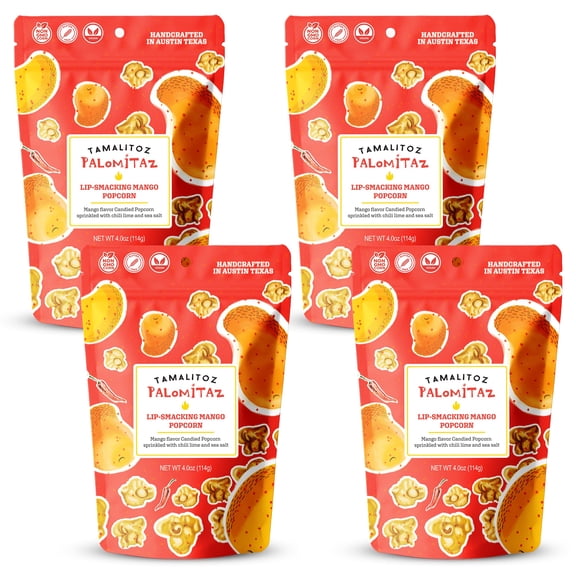 Palomitaz Lip-Smacking Mango Popcorn Sweet & Spicy Mexican-Style Kettle Corn with Mango, Chili, Lime & Sea Salt Fruity Handcrafted Snack, Gluten-Free, Vegan, No Artificial Color, 4 Bags 4oz Each