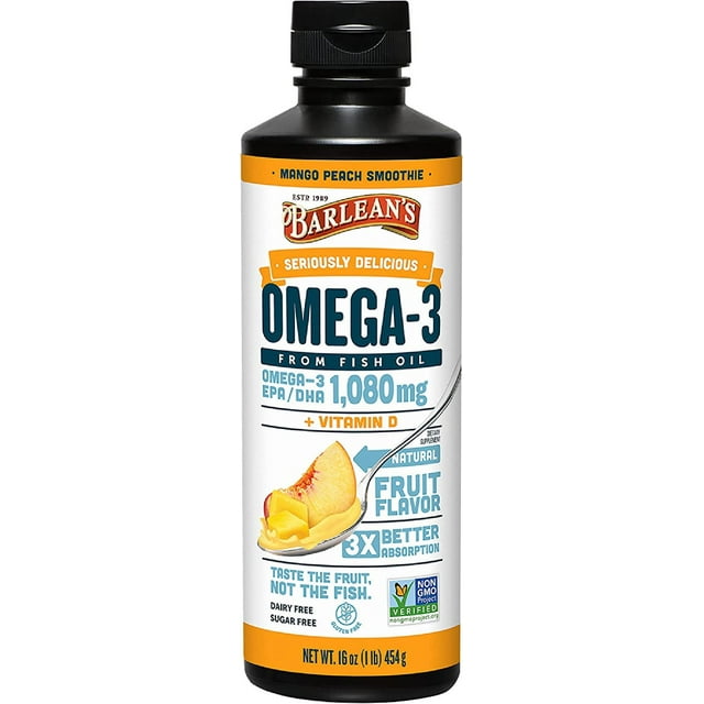 Mango Peach Omega 3 Fish Oil Liquid Supplement with Vitamin D, 1080mg