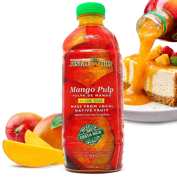 Jungle Pulp MANGO Puree Mix, 33.81 Ounce / 1 Liter, Pasteurized Fruit from Costa Rica Perfect for Cocktails, Desserts, Smoothies