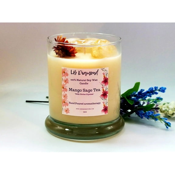 Mango Sage Tea Natural Soy Wax Candle Highly Scented with Citrine Crystals