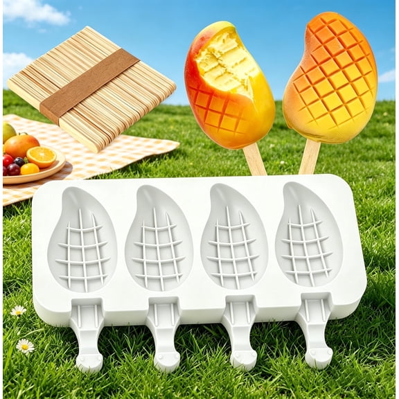 Mango Shape Silicone Popsicle Molds, 4 Cavities Mango Ice Cream Molds with 100 Wooden Sticks for Ice pop, Cake Pop, Cakesicles - White