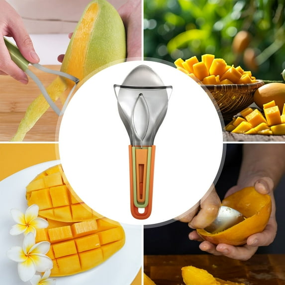 Mango Slicer and Dicer Tool Set, 3-in-1 Stainless Steel Fruit Cutter with Dicing Grid, Non-slip Grip for Easy Peeling & Pitting, Ideal for Mango Lovers & Home Kitchen Use,Vsgery