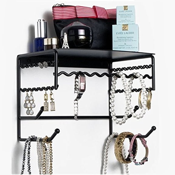 Mango Steam 10" Wall Mounted Jewelry Shelf for Bracelets & Necklaces (Black, Metal)
