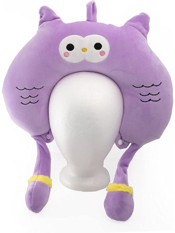 19" Animal Travel Pillow with Waving Ears - Soft Plush Neck Support for Kids - Owl, Purple