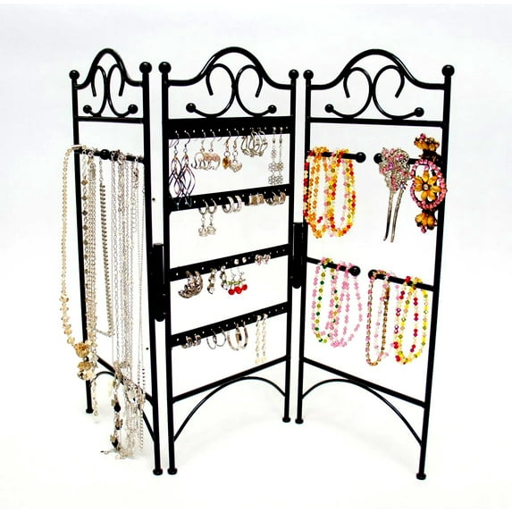 Mango Steam 3-Panel Organizer for Hanging Earrings, Bracelets, Necklaces (Metal, Black)