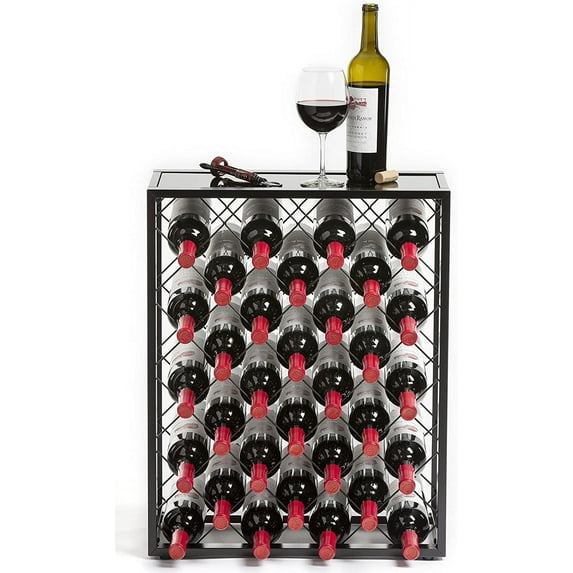 Mango Steam 32 Bottle Gray Wine Rack with Glass Top Shelf, Free Standing for Home, Kitchen and Bar