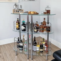 Mango Steam Contemporary Home Bar Liquor Table | Modern Clear Tempered Glass Shelves | 41" H x 47" L x 13.6" D