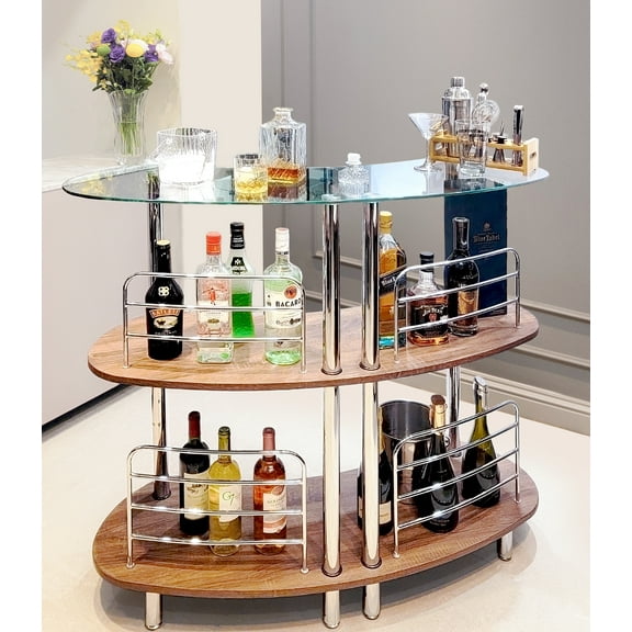 Mango Steam Contemporary Modern Home Liquor Bar Catalina Table, Brown Wood & Chrome Legs