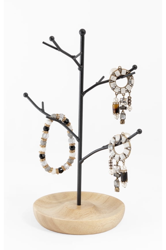 Jewelry Tree Hanger for Bracelets, Necklaces, Hoop Earrings, & Rings (Black, Tan Wood)