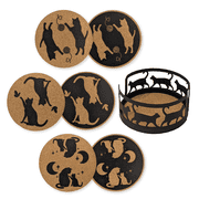 Mango Steam Set of Six Cat Cork Coasters with Decorative Cork Holder, Black