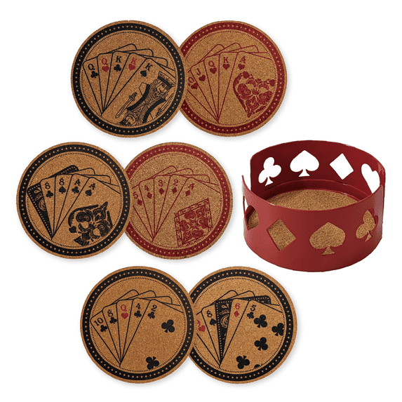 Mango Steam Set of Six Poker Card Cork Coasters with Coaster Holder, Red