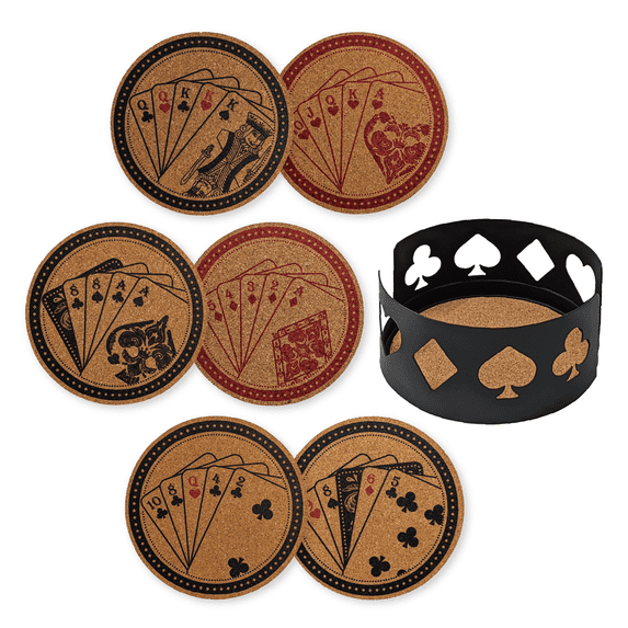 Mango Steam Set of Six Poker Card Cork Coasters with Decorative Coaster Holder , Black