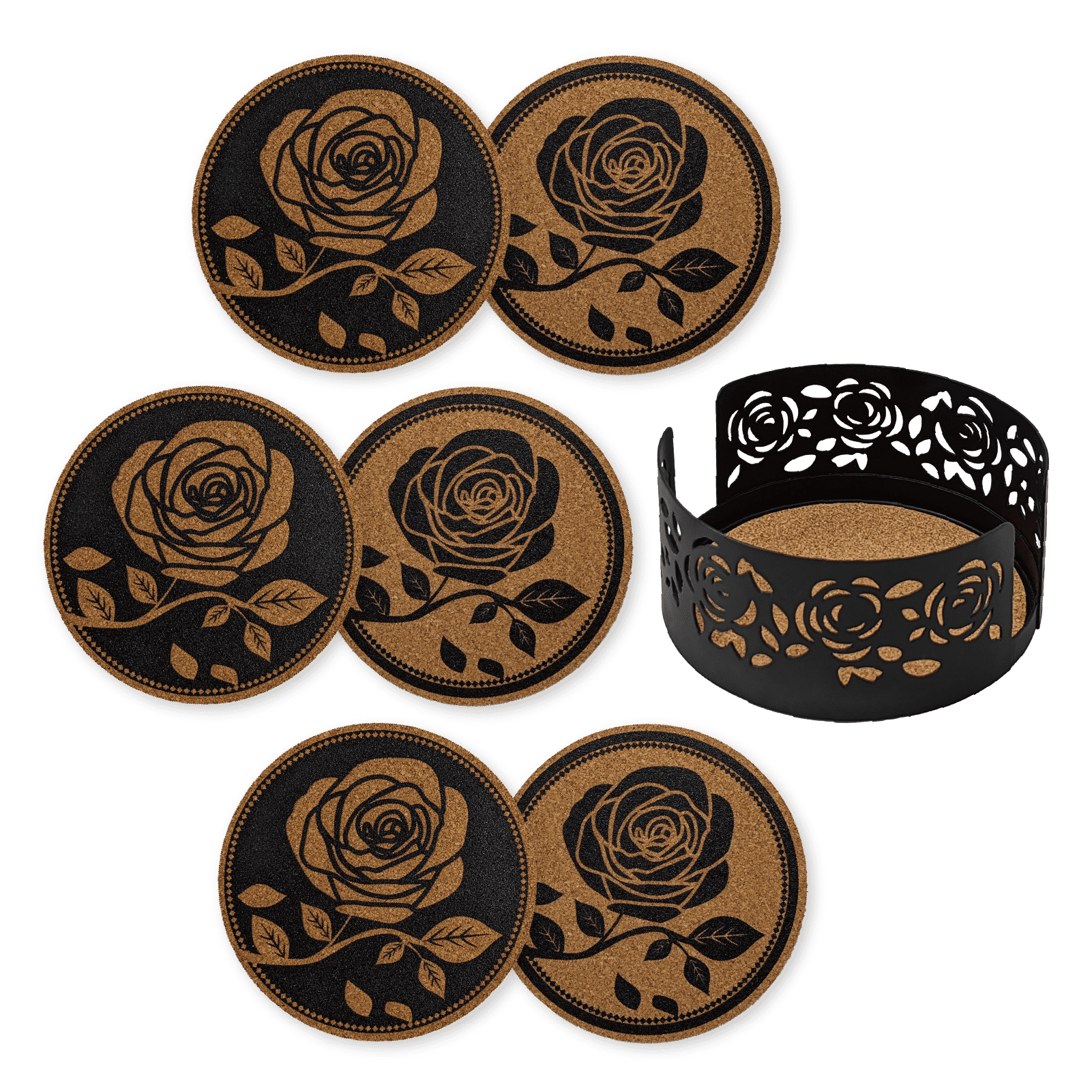 Black Rose Cork Round Coaster Set with Metal Holder