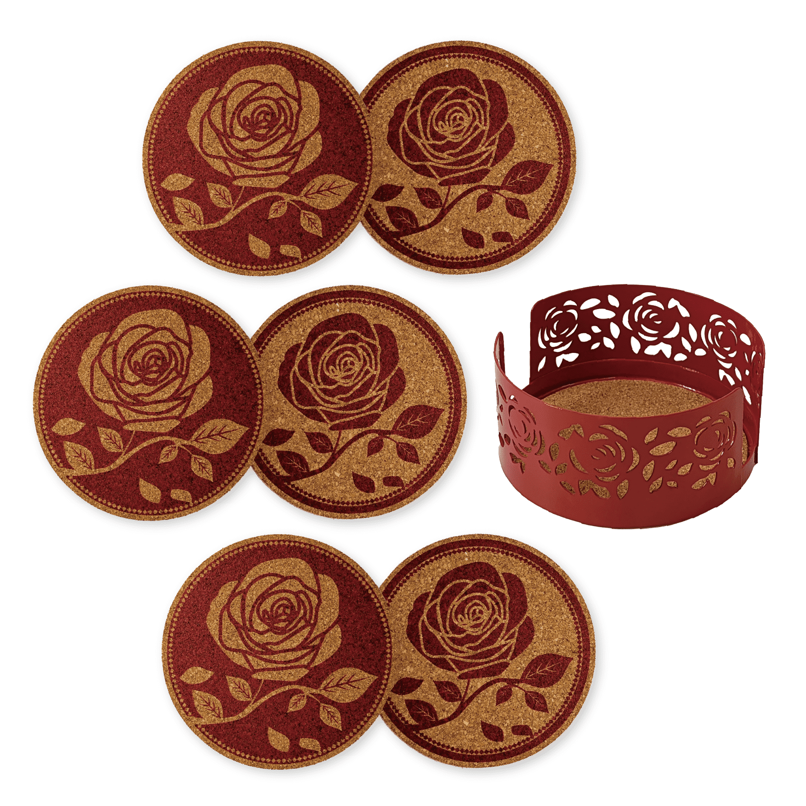 Red Rose Cork Coasters with Powder Coated Metal Holder