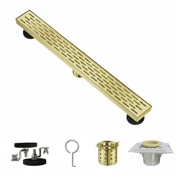Mango Tile 24 Inch Linear Shower Drain for Bathroom, Gold, 304 Stainless Steel Floor Drain, Fast Drainage, CUPC Certified, Adjustable Leveling Feet, Lifting Hook, Hair Strainer