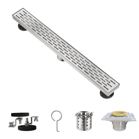 Mango Tile 24 Inch Linea Shower Flow-in Drain, Fast Drainage with Hair Strainer, Brushed Nickel, Stainless Steel, CUPC Certified, Adjustable Leveling Feet, Removable Pattern Grate, Fast Drainage