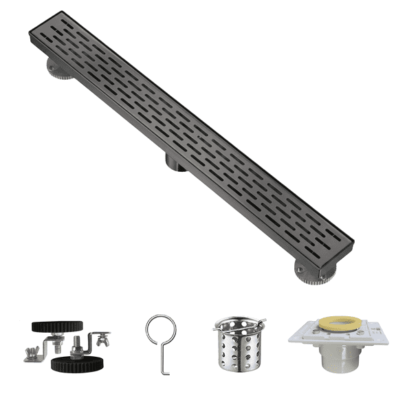 Mango Tile 24" Linear Rectangle Shower Floor Drain Channel for Bathroom, Gold, Fast Drainage with Hair Strainer, CUPC Certified, Adjustable Leveling Feet with Removable Pattern Grate