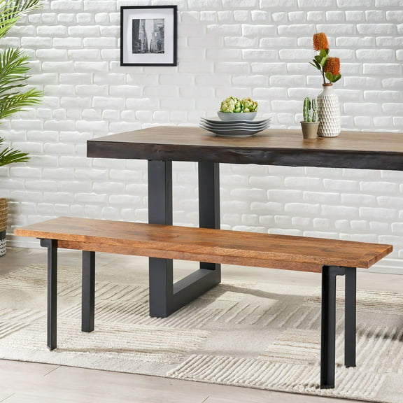 Mango Wood And Iron Dining Bench, Modern Industrial Appeal, 52.95” X 13.65” 17.32”, Brown Style, Long-lasting,