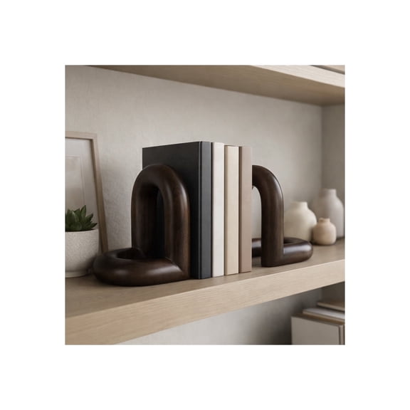 Decorative Mango Wood Bookends for Bookshelf Decor - Book Accessories for Office Desk, Home Library, or Shelf Accent - Book Ends for Entryway Console Table or Kitchen Counter - Set of 2, 8", Brown