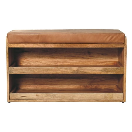 Mango Wood Buffalo Tan Leather Shoe Bench / Keep Hallway Tidy with Shoe Storage
