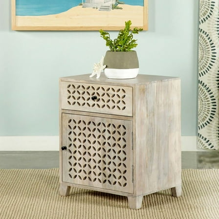 Mango Wood Cabinet With Drawer In Beige Whitewash For Bedroom Decoration Accent Whitewashed Appearance Home
