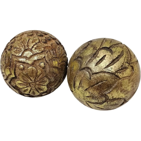 Mango Wood Decorative Ball Set with Brown and Gold Foil Finish – 3x3 Inch Accent Balls for Coffee Table Centerpiece, Living Room Decor, Modern Rustic Home Accents.