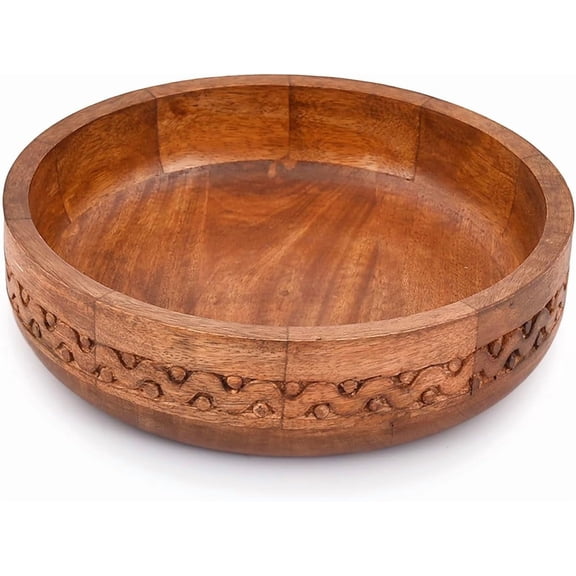 Mango Wood Decorative Round Carved Bowl for Decoration, Centerpiece Bowl for Table (10" x 10" x 2.5")