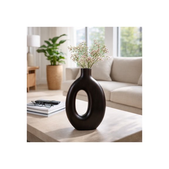 Cut Out Mango Wood Vase for Living Room Decor and Home Accents - Modern Decorative Flower Vase for Room, Bedroom or Office Display - Ideal for House and Table Decor Styling - 14", Brown