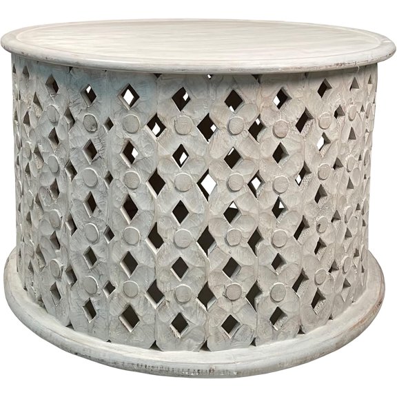 Mango Wood Farmhouse Round Coffee with Intricate Diamond Cut-Out Base$$Furniture