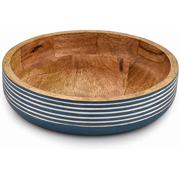 Mango Wood Fruit Bowl Rustic Blue Finish Decorative Serving Bowl Wooden Centerpiece for Kitchen Counter, Dining Table | (10" X 10" X 2.5")