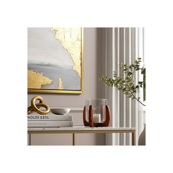 Mango Wood & Glass Pillar Candle Holder - Rustic Handcrafted Decorative Lantern for Home, Office & Living Room - 7" Brown