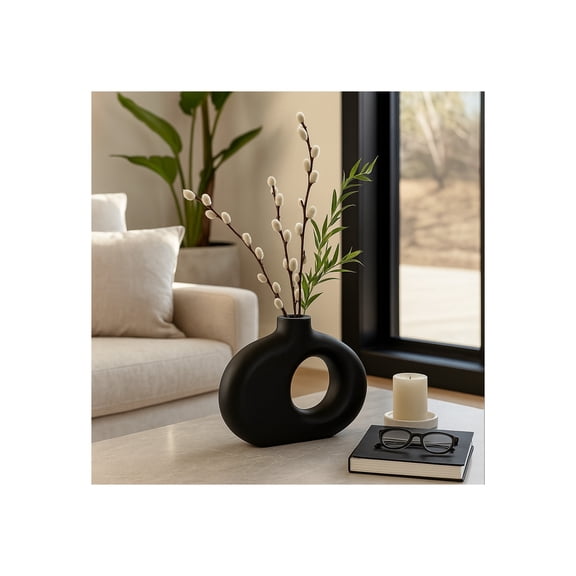 Cut Out Mango Wood Vase for Living Room Decor and Home Accents - Modern Decorative Flower Vase for Room, Bedroom or Office Display - Ideal for House and Table Decor Styling - 7", Black