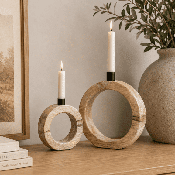 Mango Wood Nested Round Candle Holders - Natural and Black (Set of 2)