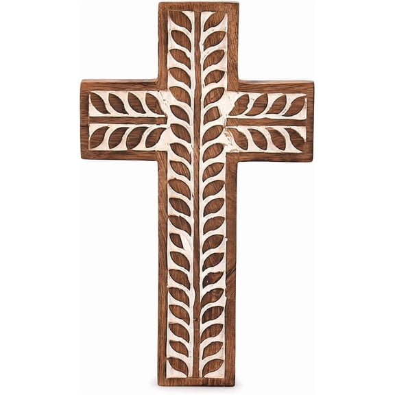 Mango Wood Religious Catholic Cross Wall Hanging Floral Carvings Living Room Home Dcor for Entryway Office Living Room (10" x 6" x 0.75")