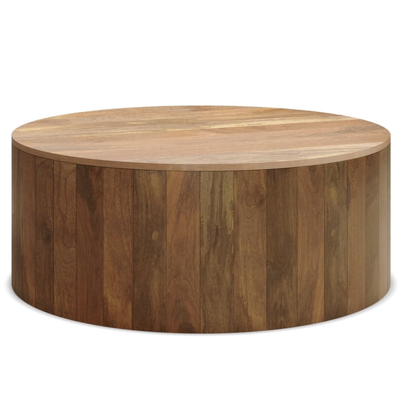 Mango Wood Round Coffee Table - 36 Inch Industrial Drum Design - Fully Assembled