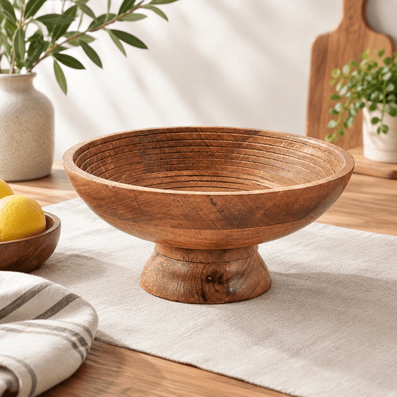 Mango Wood Round Serving Bowl, 12" x 12" x 5", Handmade Kitchen Dish for Fruit, Snacks, Salad