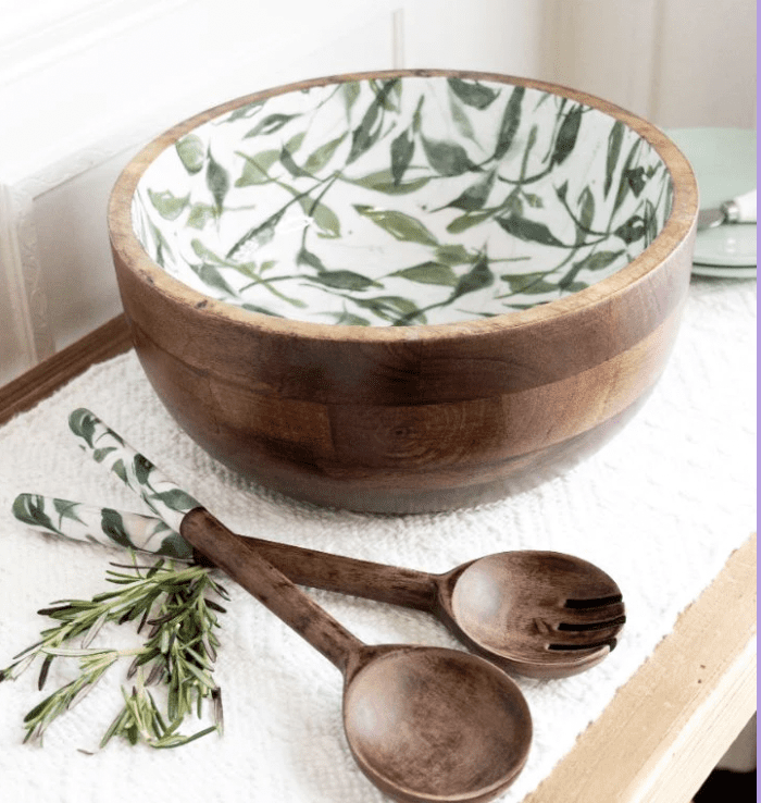 Mango Wood Salad Bowl Serving Tongs (Olive Leaf)