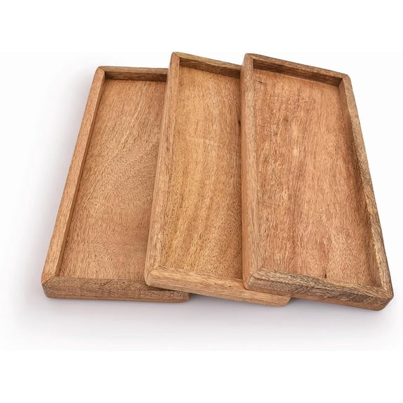 Mango Wood Serving Platter with Raised Edge -Set of 3 for Display Fruit Snacks Appetizer Sushi Food Decorative (12" x 5" x 0.75")