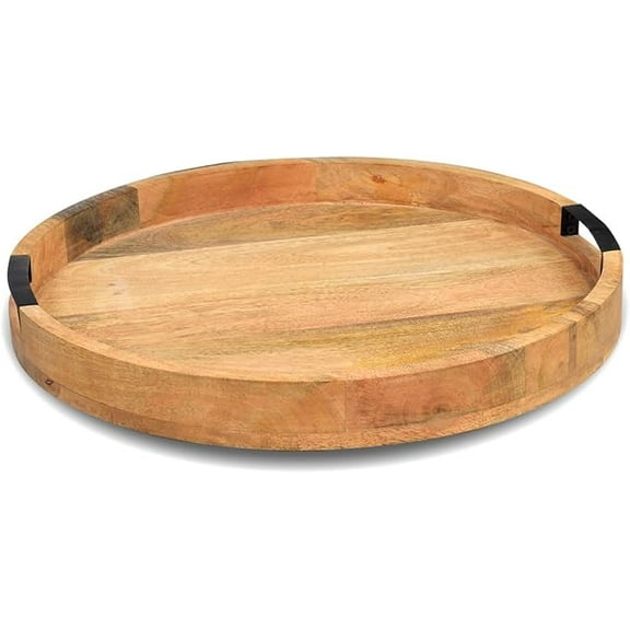Mango Wood Serving Tray Handmade Metal Fruit Bowl Decorative Vanity Platter Tray, Kitchen Bathroom Counter Storage Counter Organizer, 13.75 Inch - Coffee Wood