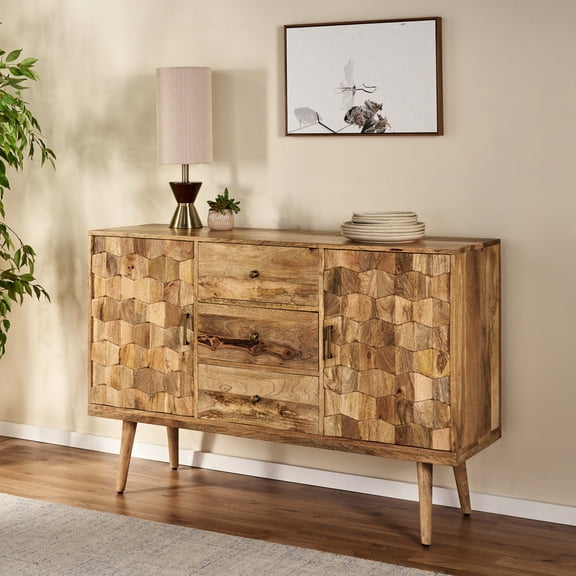 Mango Wood Sideboard with 3 Drawers 2 Doors and Textured Appearance / Ample Storage and Style