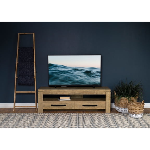 Mango Wood TV Stand with 2 Drawers for Entertainment Center, Sturdy Engineered Wood Media Console with Open Shelf and Cable Management for Living Room Home Theater