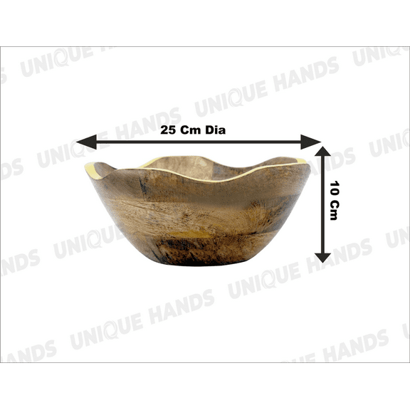Mango Wood Wooden Bowl with Enamel Border Curvy Design Household Round Wooden Fruit Salad Bowl Dinnerware Basin Container Kitchen Tool