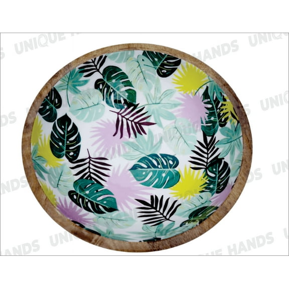 Mango Wood Wooden Bowl with Enamel Interior Leaf Design Household Round Wooden Fruit Salad Bowl Dinnerware Basin Container Kitchen Tool
