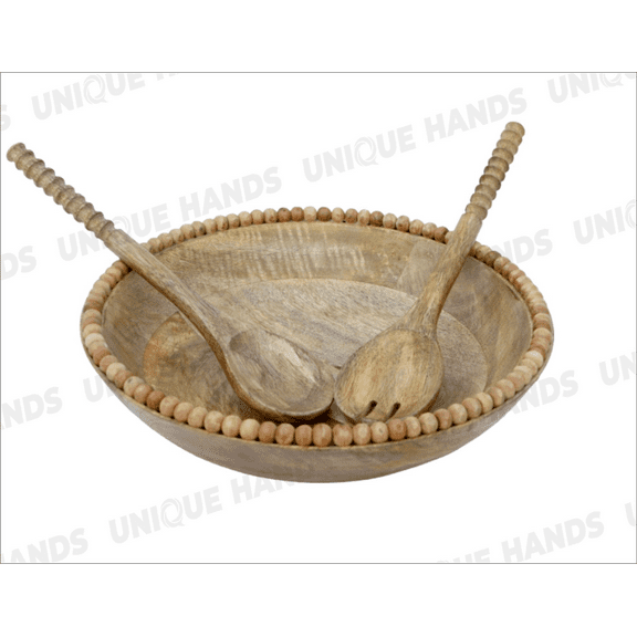 Mango Wood Wooden Bowl with Wooden Spoon Round Ball Border Design Household Wooden Fruit Salad Bowl Dinnerware Basin Container Kitchen Tool