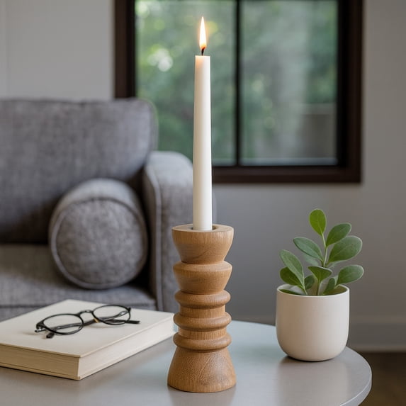 Natural Wood Totem Candle Holder - Rustic Wooden Taper Candlestick Holder for Dining Table Centerpieces - Wedding Decor, Coffee Table Styling, and Modern Farmhouse Home Display Accents - 6", Tan
