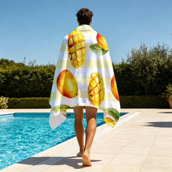Mango pattern polyester beach towel, soft and light, highly absorbent and quick-drying, easy to carry and store, unisex, suitable for beach camping, swimming, diving and surfing essential travel